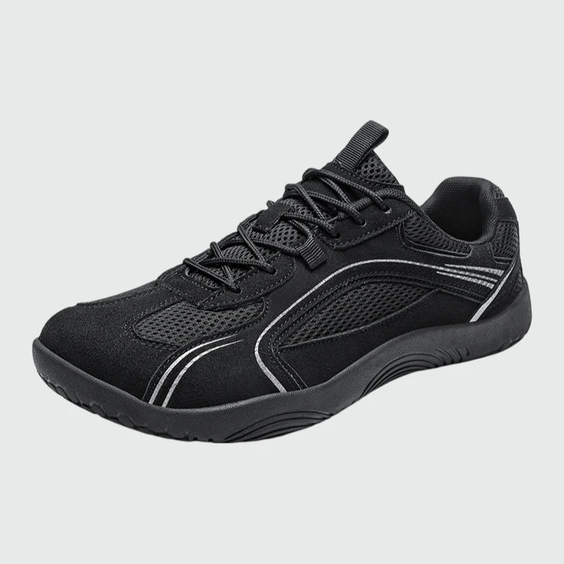 Dannto Aero N1 - men's and women's black wide toe box barefoot shoes shown from a three quarter view