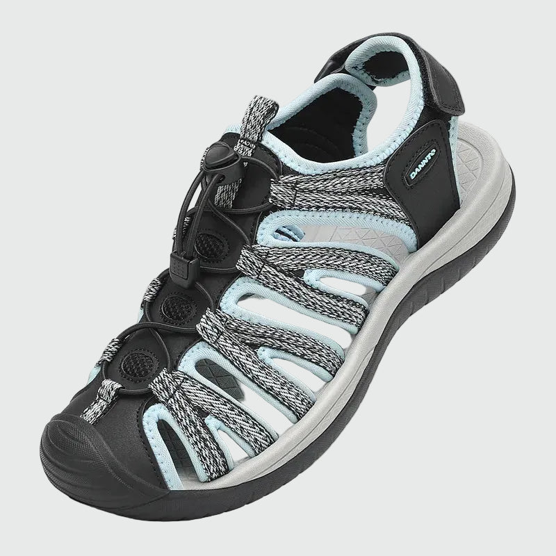 Dannto women's closed toe hiking sandals S2 black blue shown from a three quarter view