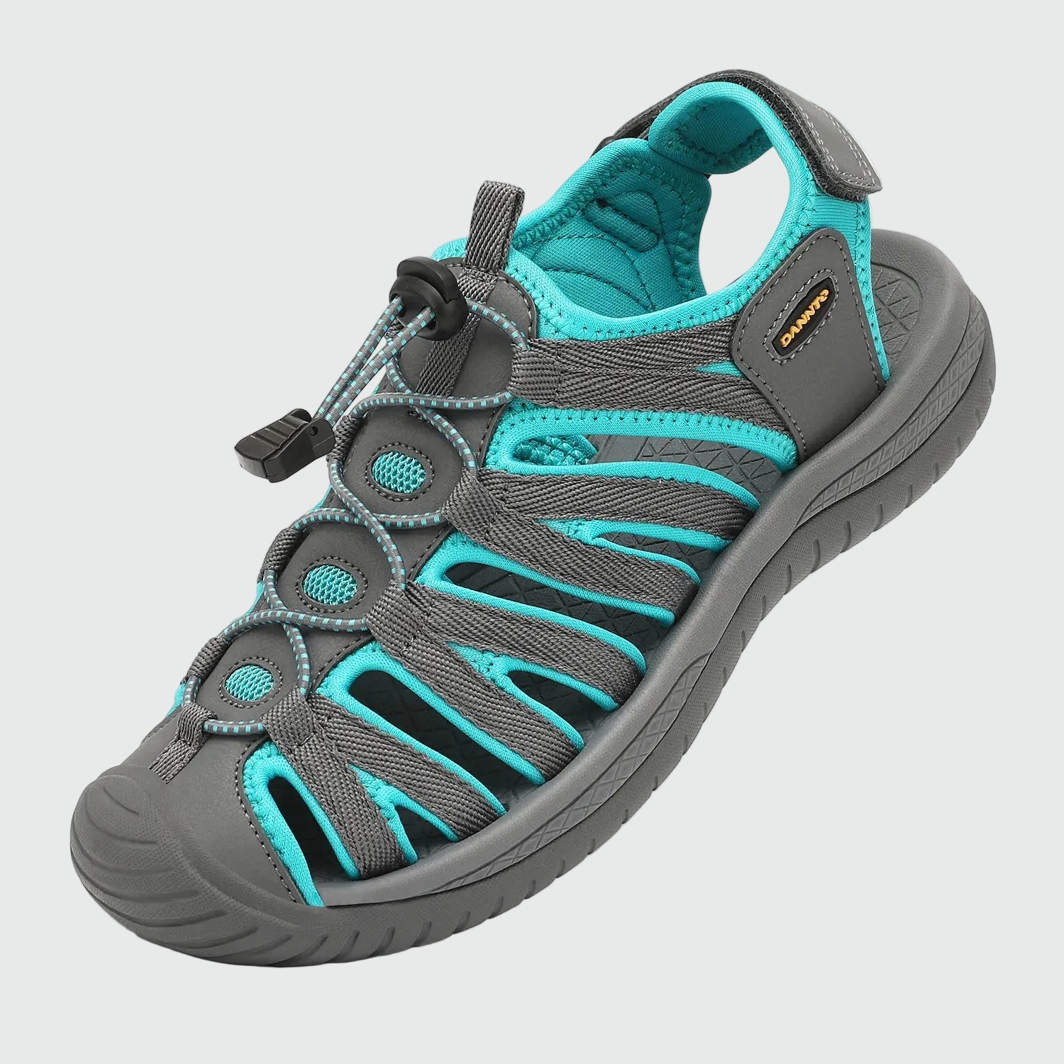 Dannto women's closed toe hiking sandals S2 gray green shown from a three quarter view