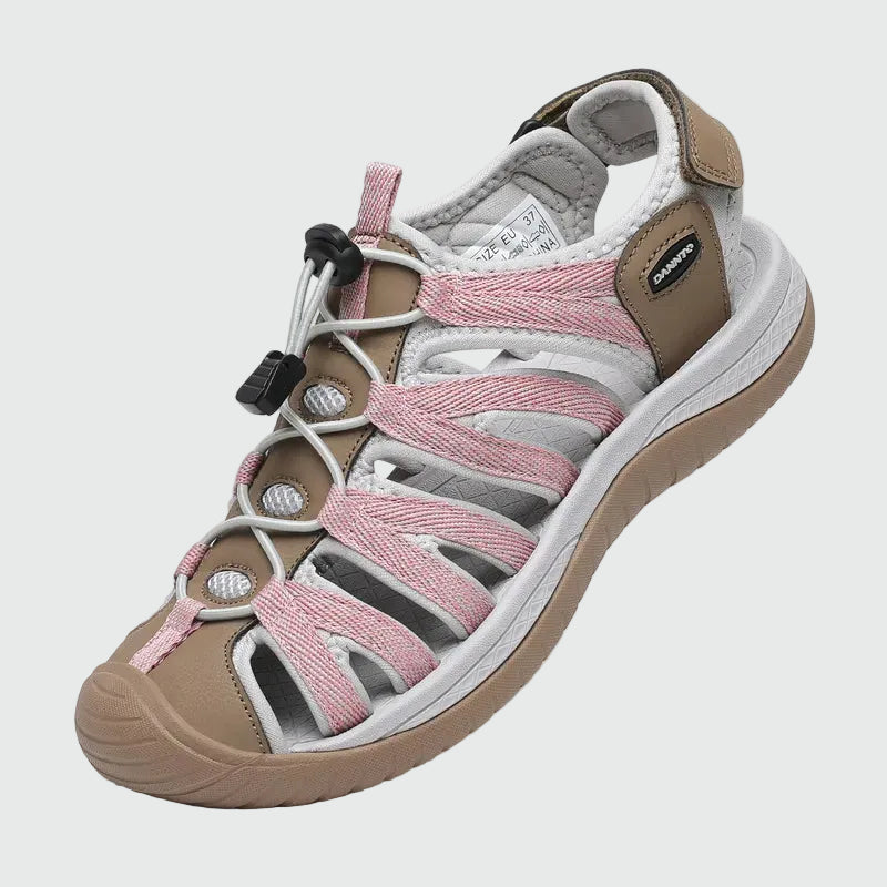 Dannto women's closed toe hiking sandals S2 khaki shown from a three quarter view