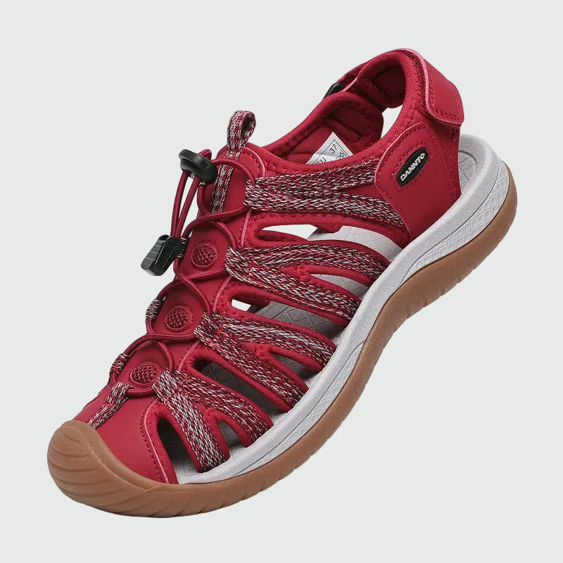 Dannto women's closed toe hiking sandals S2 red shown from a three quarter view