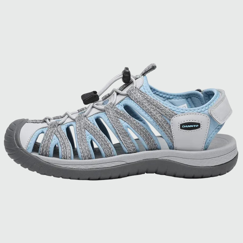 Dannto women's closed toe hiking sandals S2 white blue shown from the side