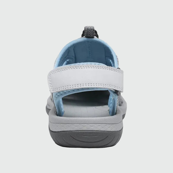 Dannto women's closed toe hiking sandals S2 white blue shown from the back